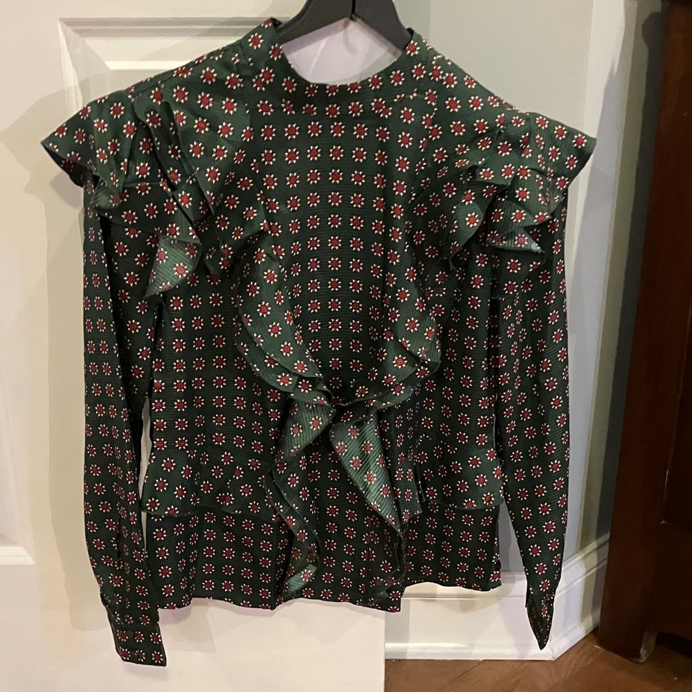 NWT Scotch & Soda/Maison Scotch Anthropologie Dark Green Floral Ruffle Blouse s